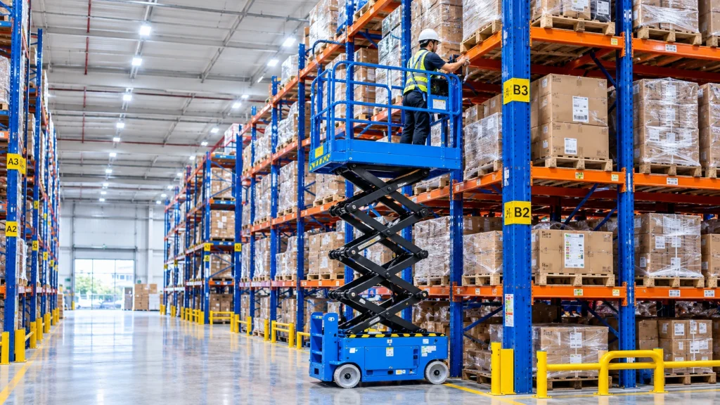 Electric scissor lift operating indoors in a warehouse