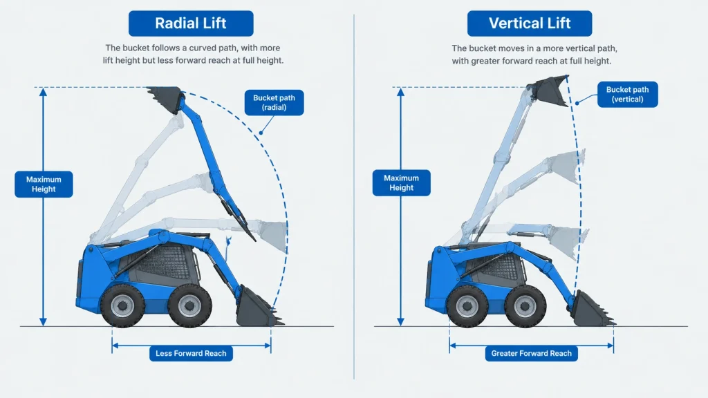 Diagram comparing radial lift and vertical lift arm paths on a skid steer loader