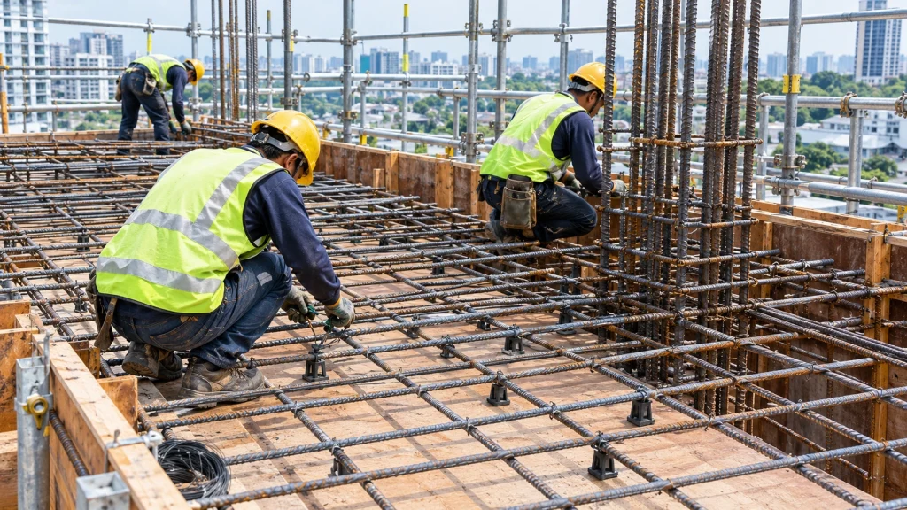 Workers tying ribbed steel rebar inside formwork before a concrete pour