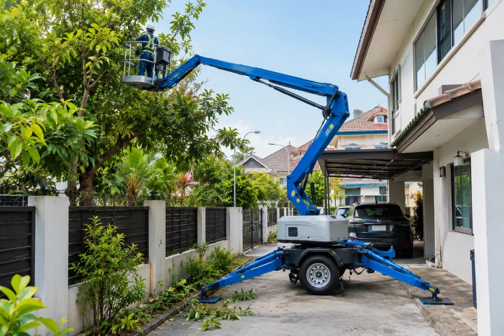 Towable boom lift reaching over a fence for tree pruning in a narrow driveway
