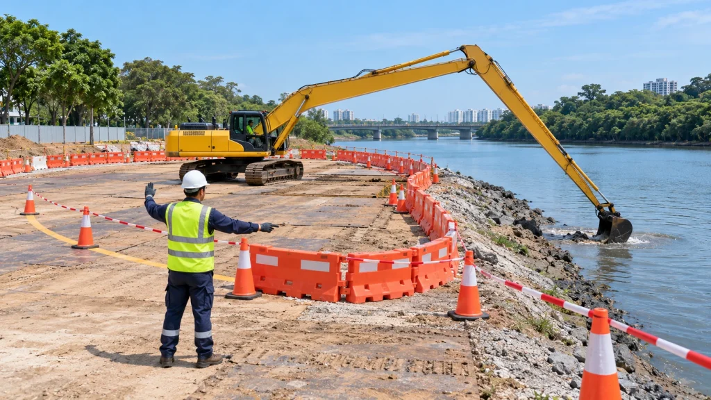 Exclusion zone and banksman around the swing radius of a long arm excavator