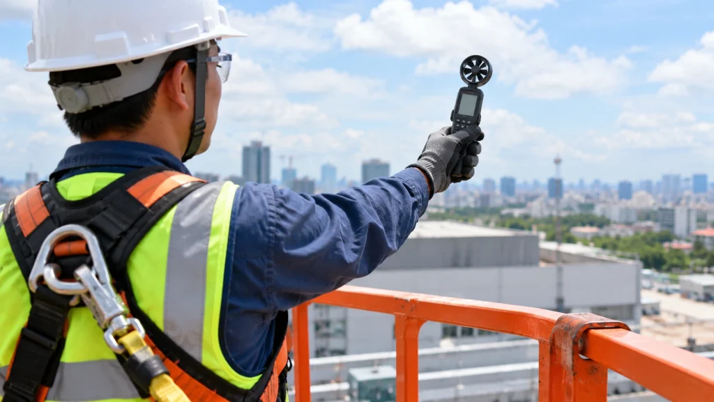Worker measuring wind speed with a handheld anemometer on a raised boom lift platform