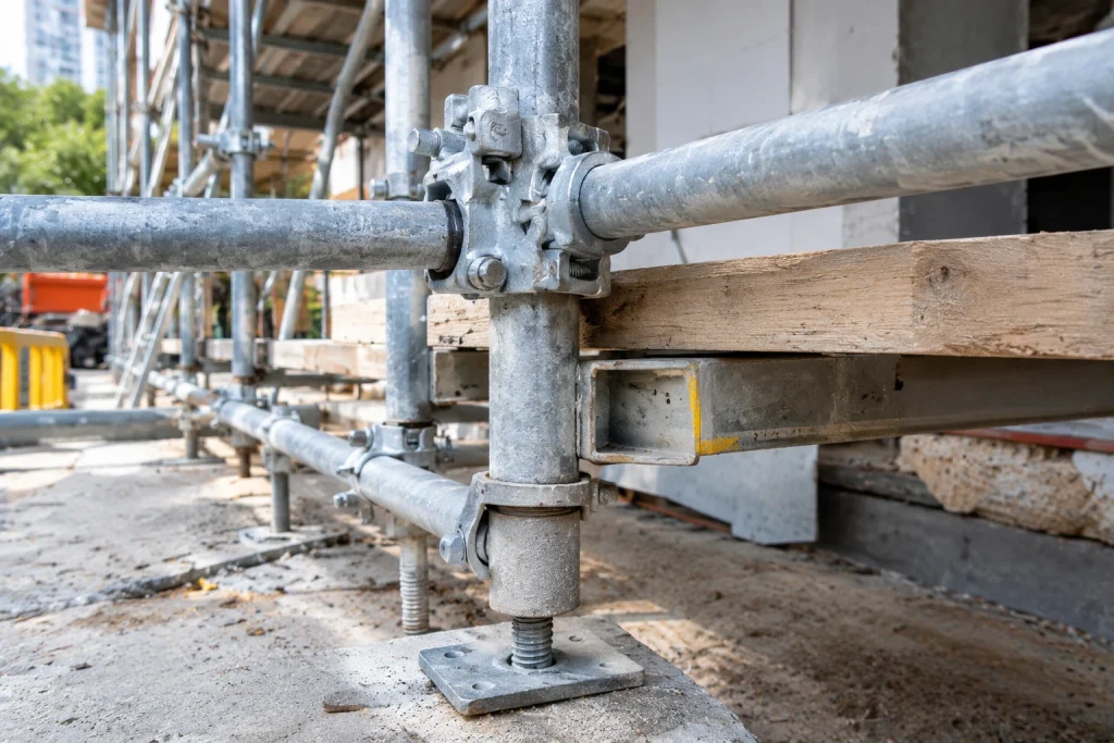 Close up of scaffold tubes, couplers, and platform board connections