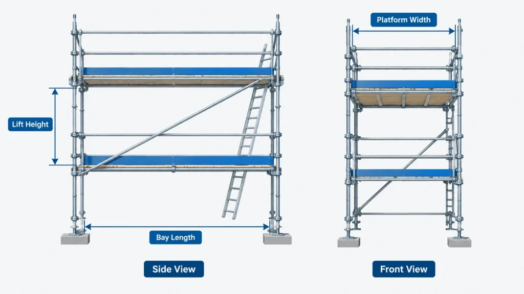 Diagram showing bay length, lift height, and platform width on a scaffold bay