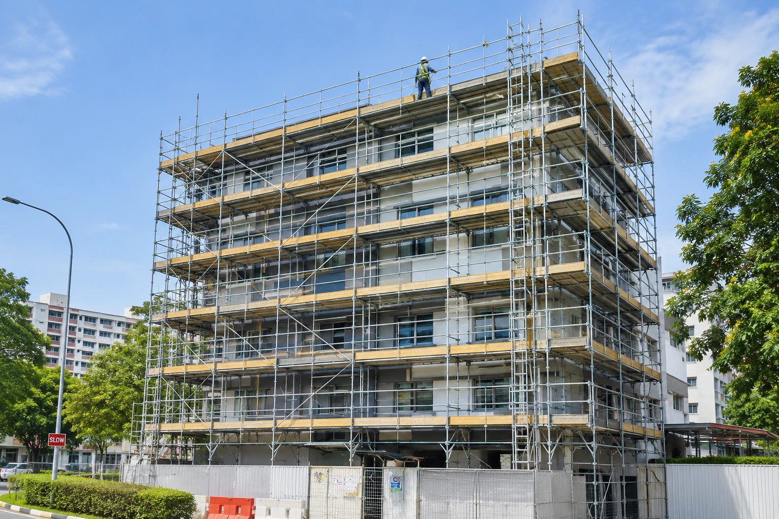 Tube and fitting scaffold with multiple working levels on a building facade
