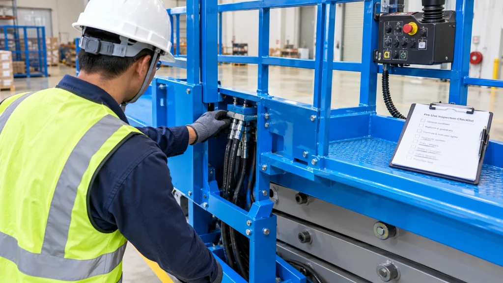 Technician inspecting a scissor lift before use, checking hydraulic hoses and controls
