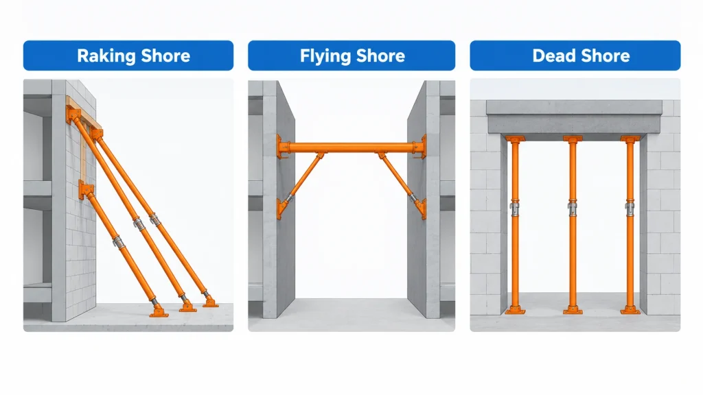 Diagram of raking, flying, and dead shores used to support buildings