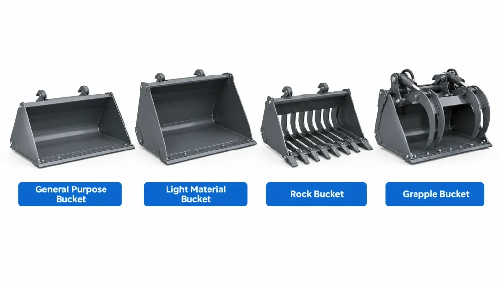Four types of skid steer buckets: general purpose, light material, rock, and grapple
