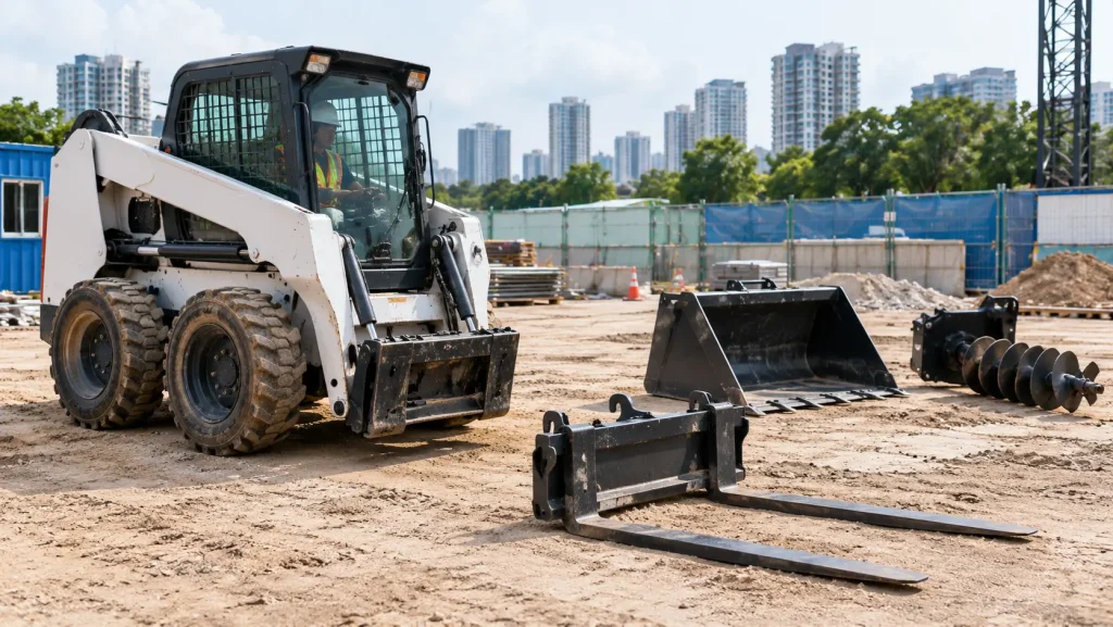 Skid steer loader lining up its quick attach plate to pick up pallet forks