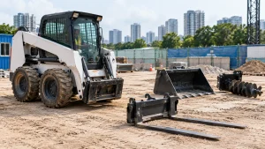 Skid steer loader lining up its quick attach plate to pick up pallet forks