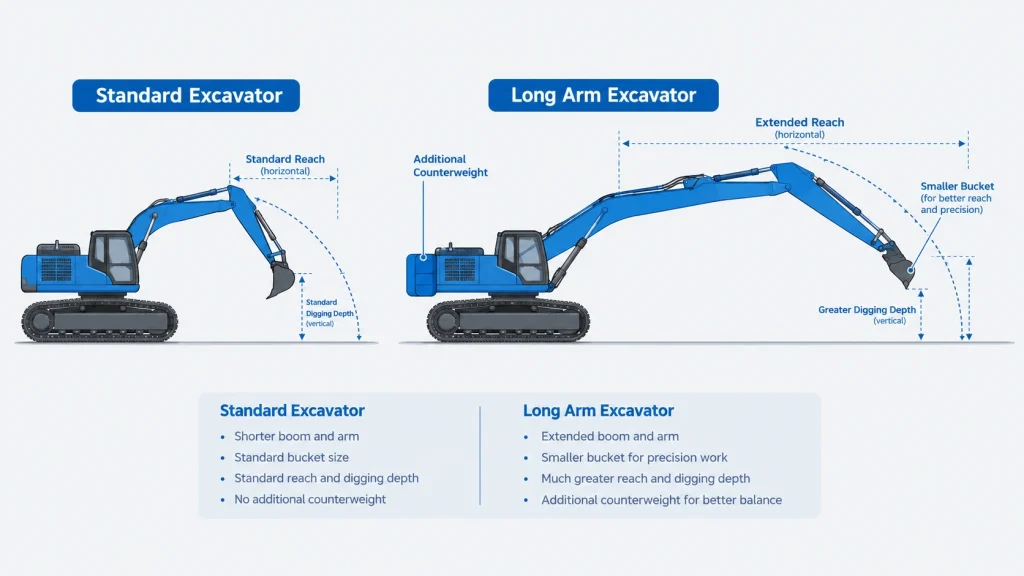 Diagram comparing the reach of a standard excavator and a long arm excavator