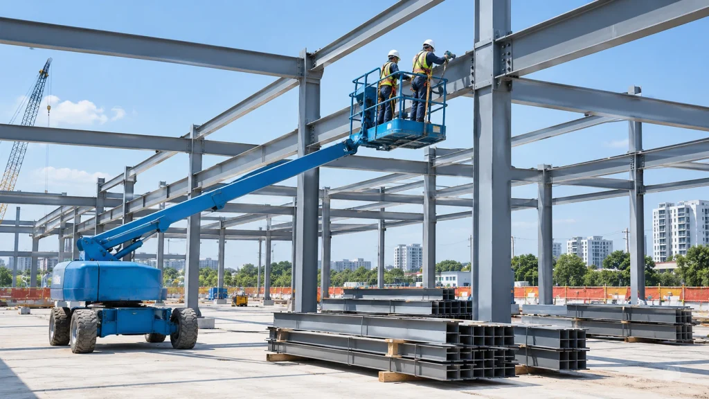 Workers on a boom lift bolting structural steel beams on a steel framed building