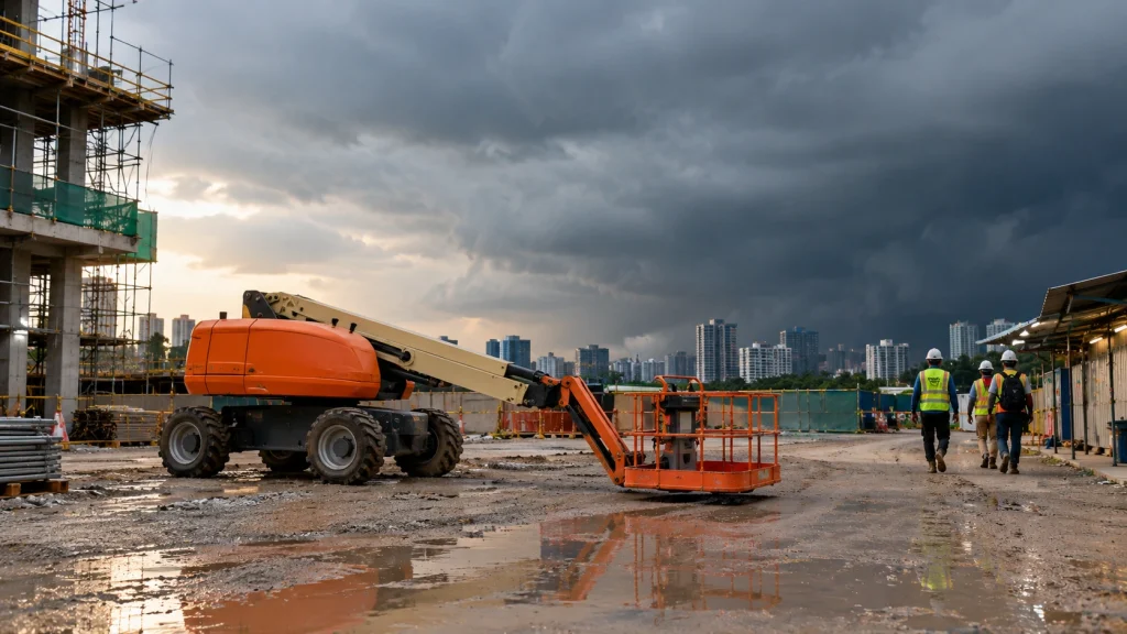 Boom lift lowered and stowed as storm clouds approach the construction site