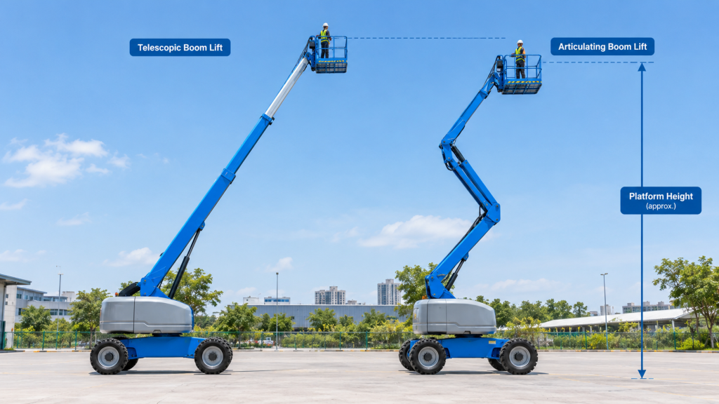 Telescopic and articulating boom lifts side by side showing different boom shapes