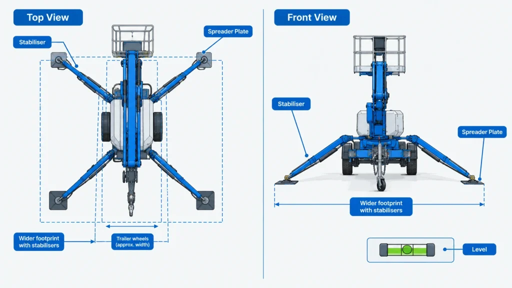 Diagram of a towable boom lift with stabilisers extended on spreader plates