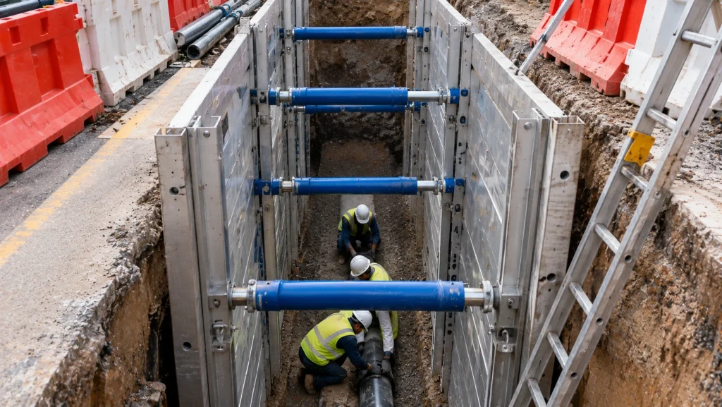 Hydraulic shoring supporting the walls of a utility trench while workers lay a pipe