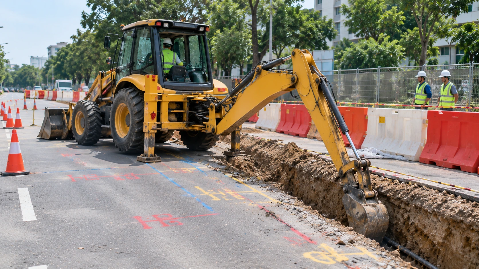Backhoe loader digging a utility trench with stabilisers and front bucket lowered