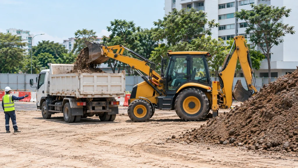 Backhoe loader using its front bucket to load soil into a dump truck