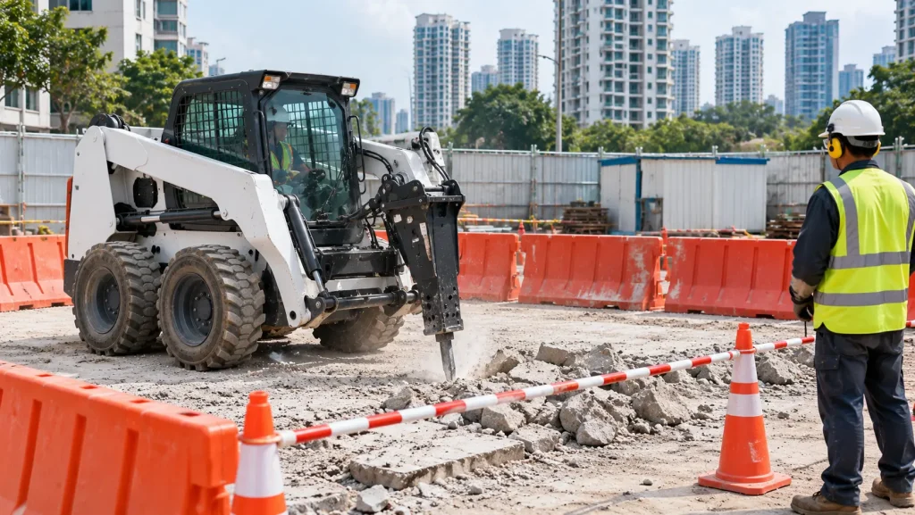 Skid steer with a hydraulic breaker demolishing a concrete slab inside an exclusion zone