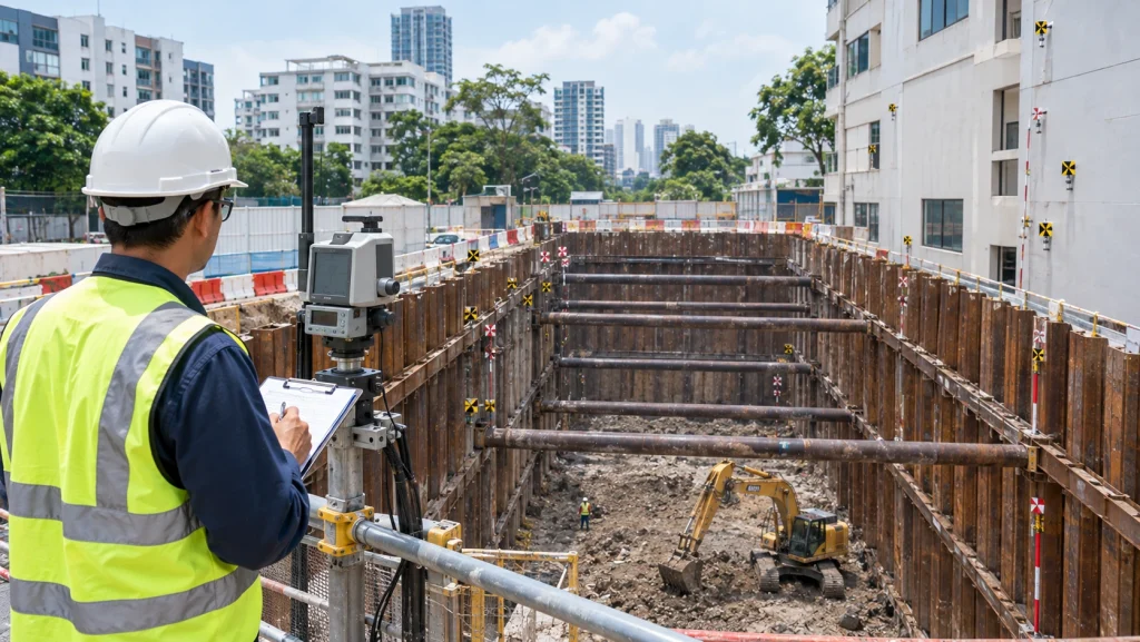 Engineer monitoring ground and wall movement at the edge of a shored excavation
