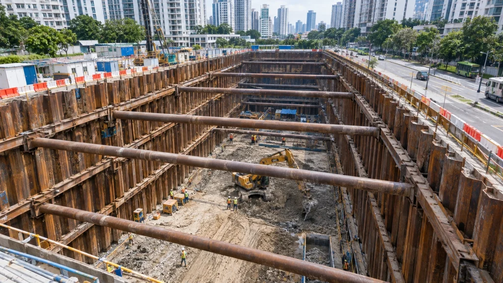Deep basement excavation supported by sheet piles, walers, and steel struts