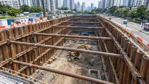 Deep basement excavation supported by sheet piles, walers, and steel struts