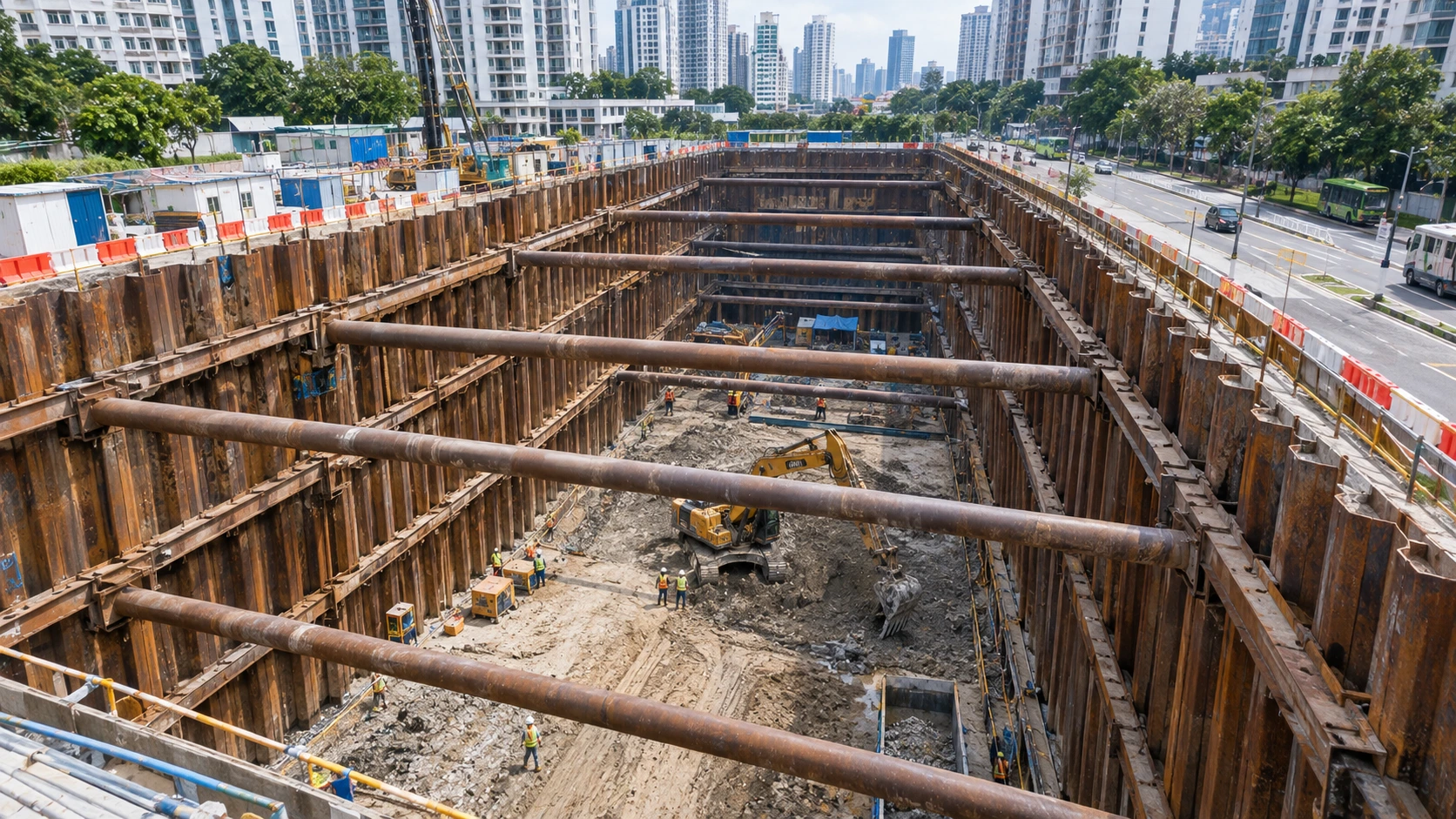 Deep basement excavation supported by sheet piles, walers, and steel struts