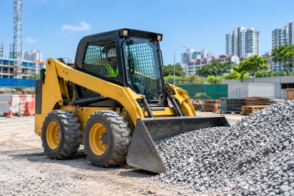 Skid steer loader scooping gravel on a compact construction site
