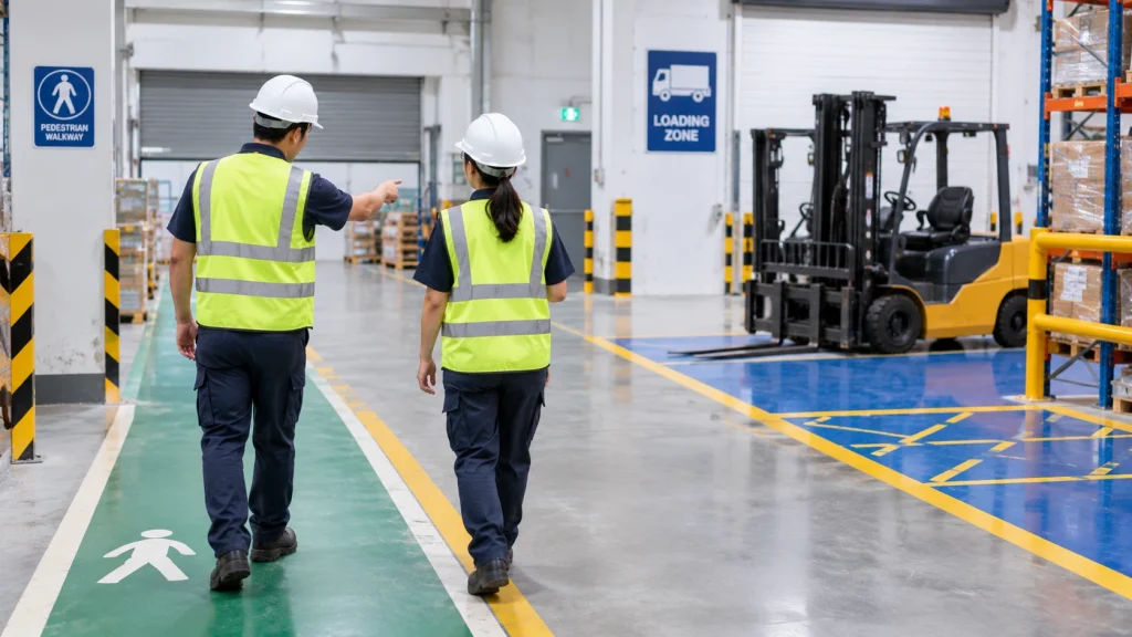 Supervisor showing a new forklift operator the warehouse traffic routes and pedestrian walkways