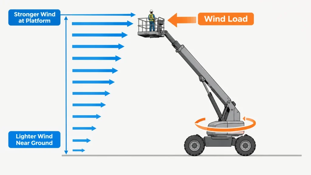Diagram showing wind speed increasing with height and the wind load acting on a boom lift platform