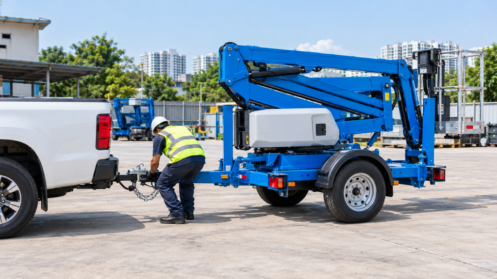 Technician checking the hitch on a towable boom lift before transport