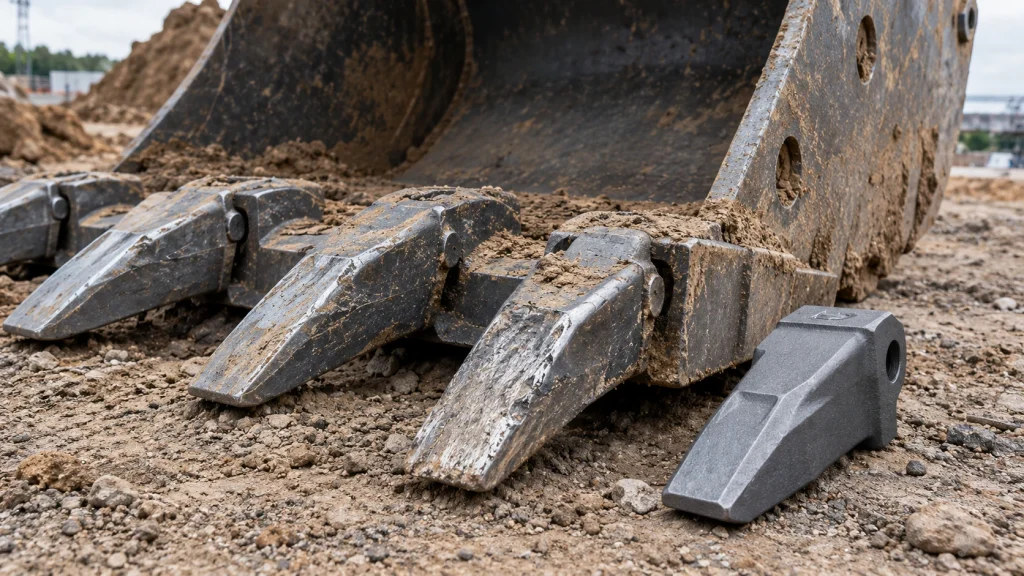 Excavator bucket with wear resistant steel teeth and cutting edge, comparing a worn and new tooth