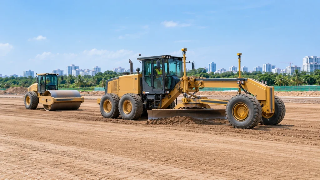 Motor grader with machine control finish grading while a roller compacts the surface