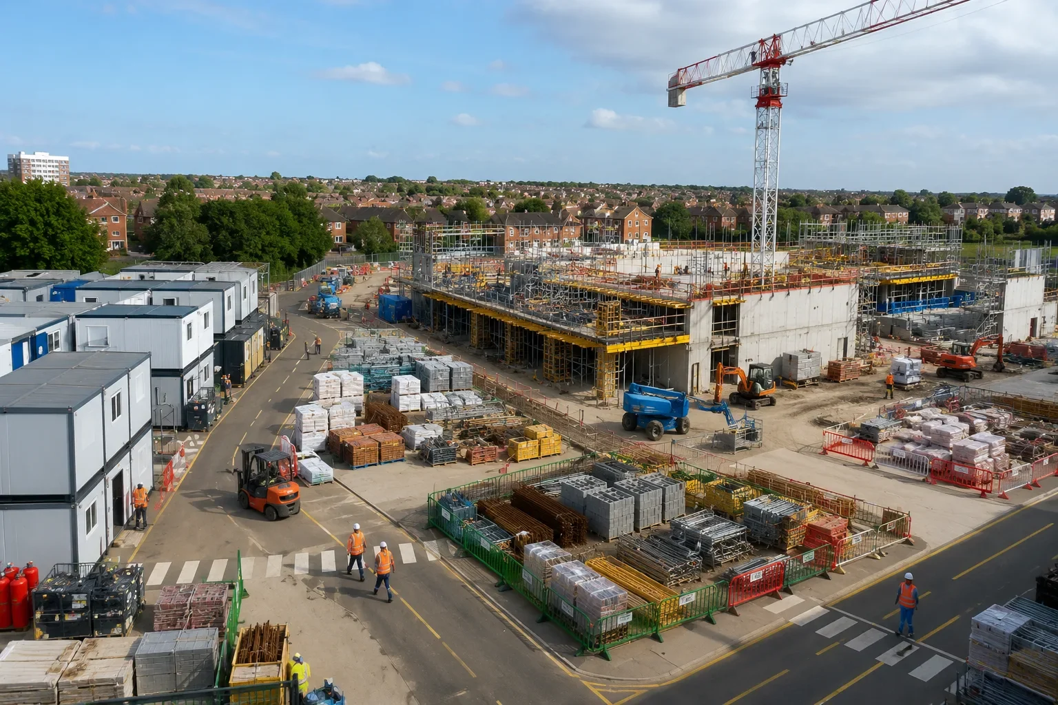 Organised construction site layout with tower crane, material storage and marked traffic routes
