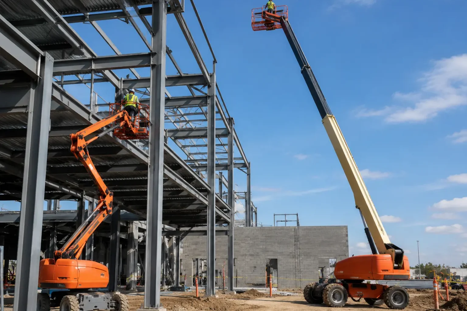 Articulated and telescopic boom lifts operating on active construction site at height