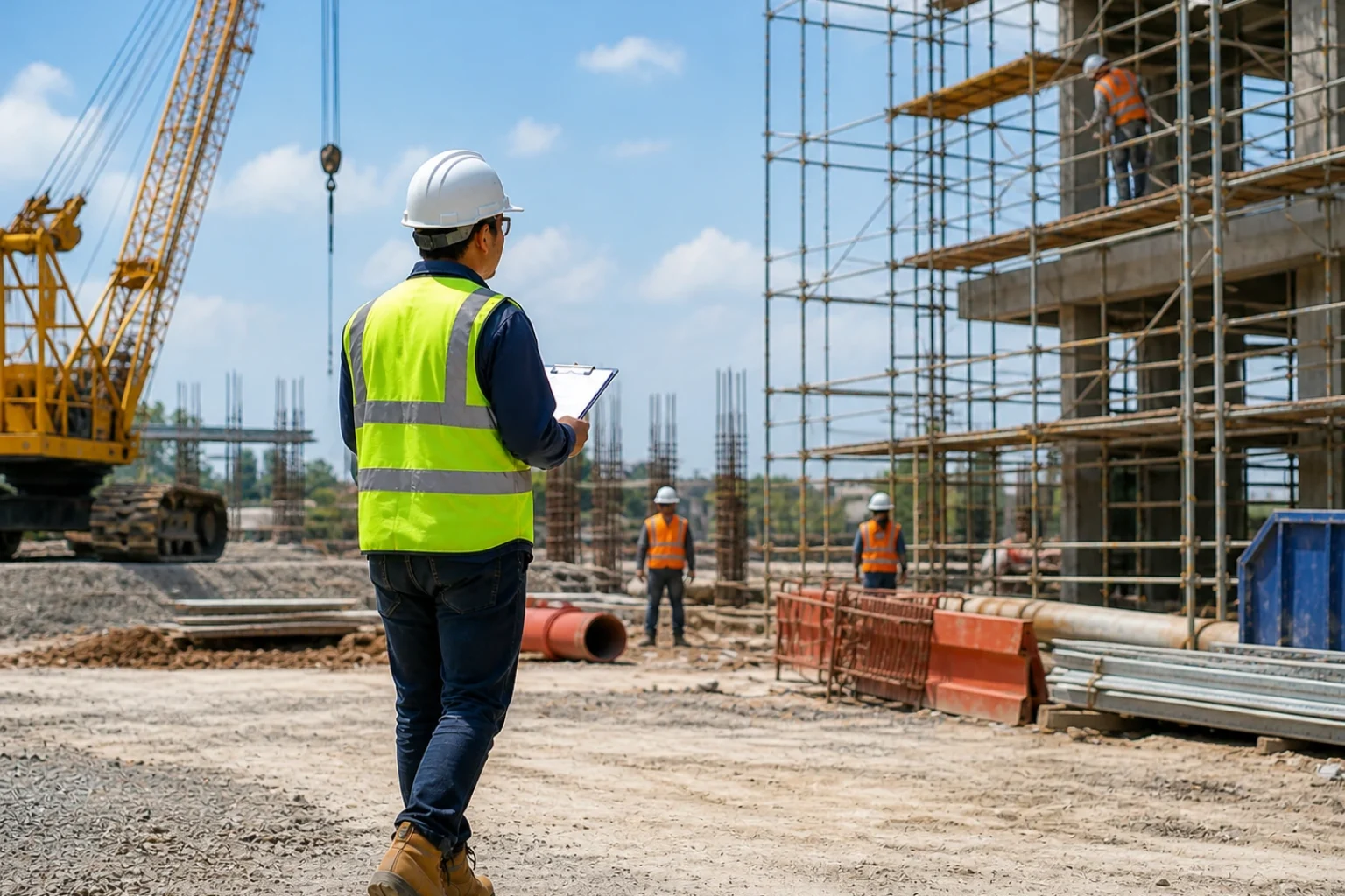 Construction safety officer inspecting site with checklist, PPE, scaffolding and crane in background