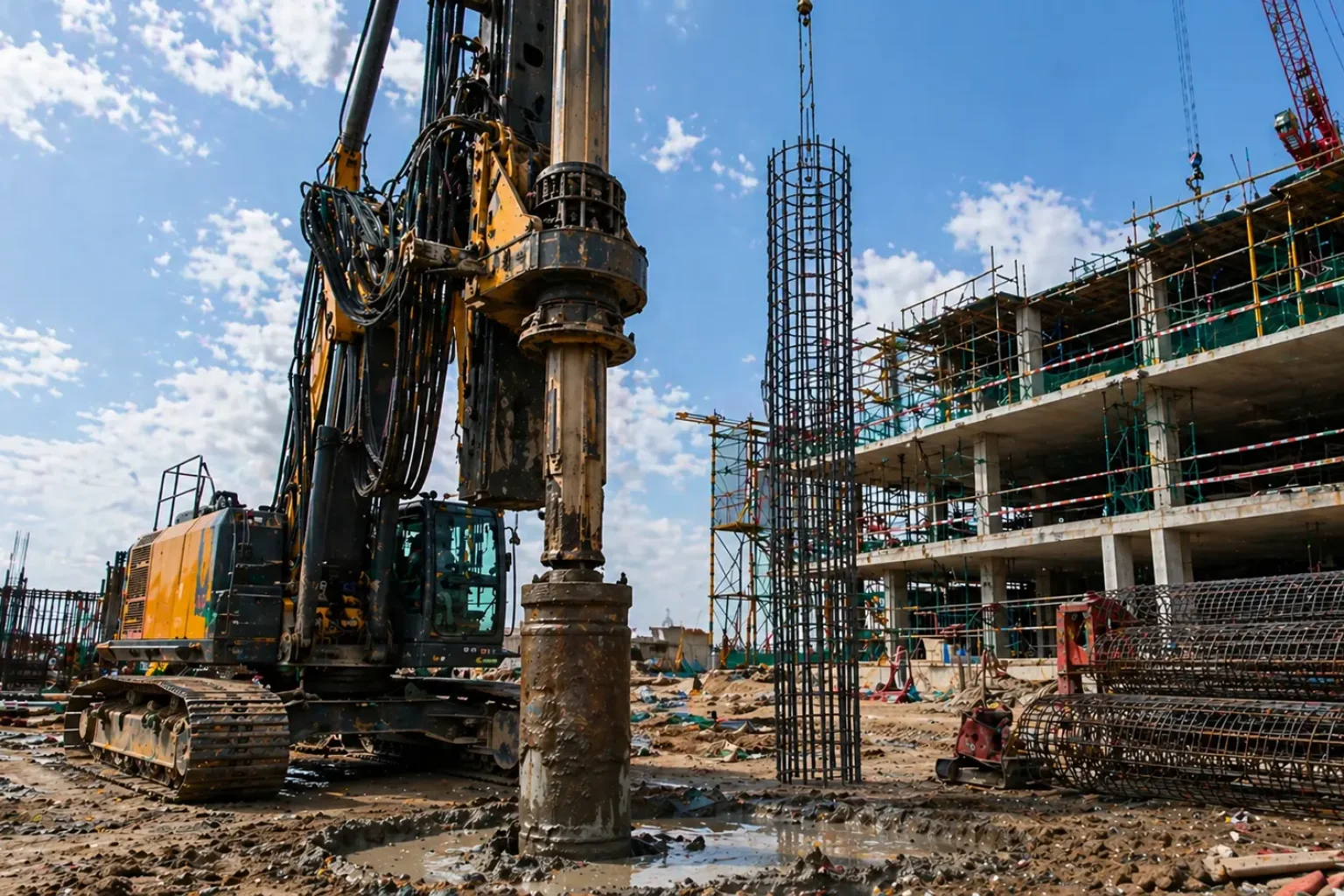 Hydraulic piling rig drilling bored pile with reinforcement cages on construction site