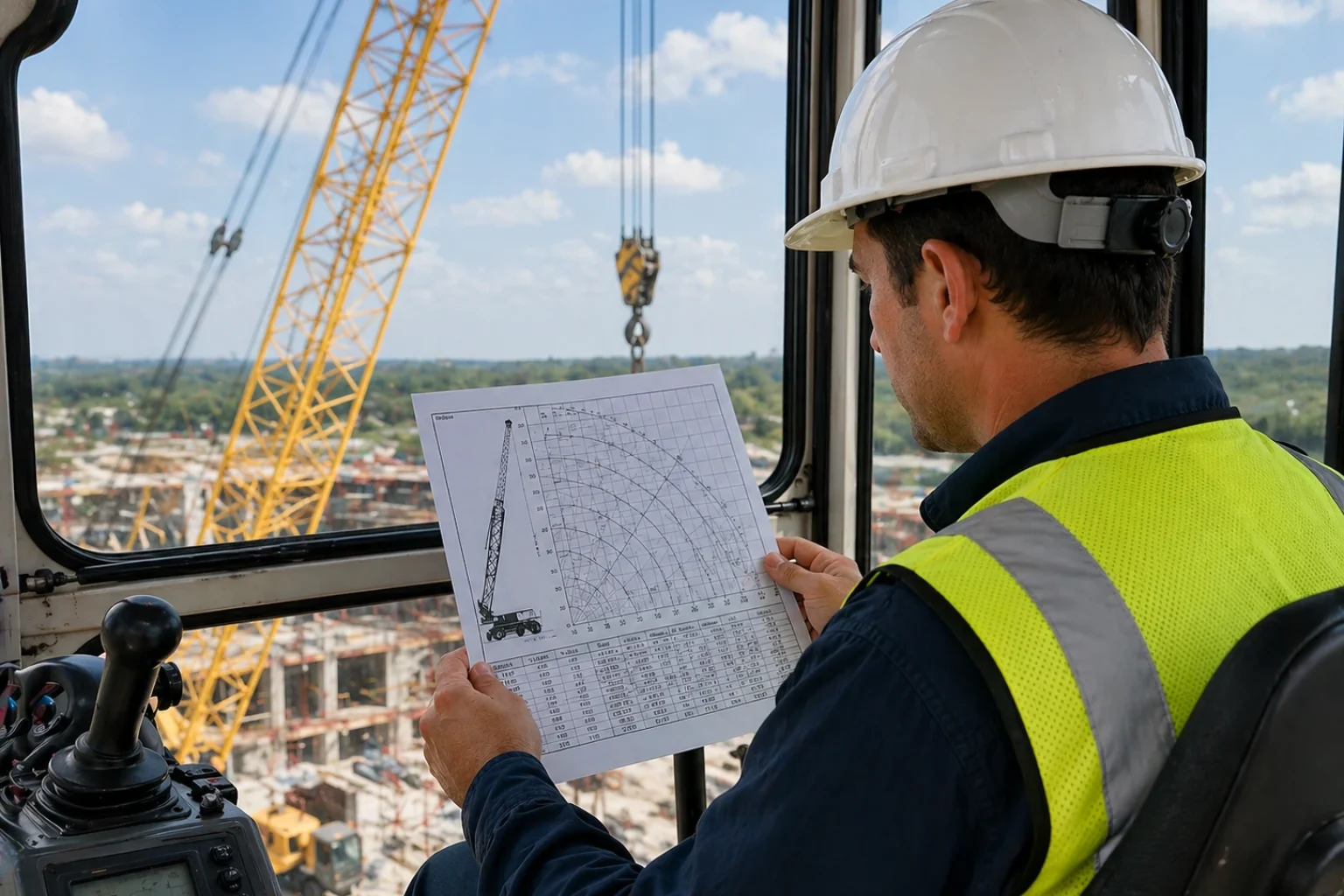 Crane operator in cab reading load chart with boom and construction site in background