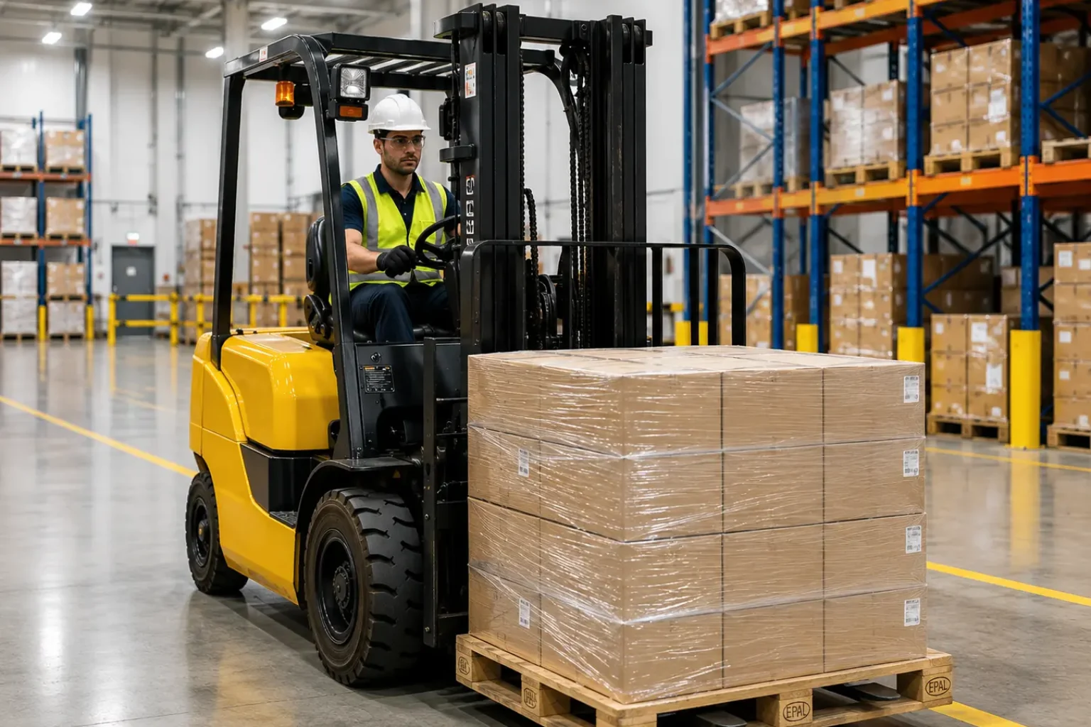 Yellow counterbalance forklift carrying pallet load inside modern warehouse facility
