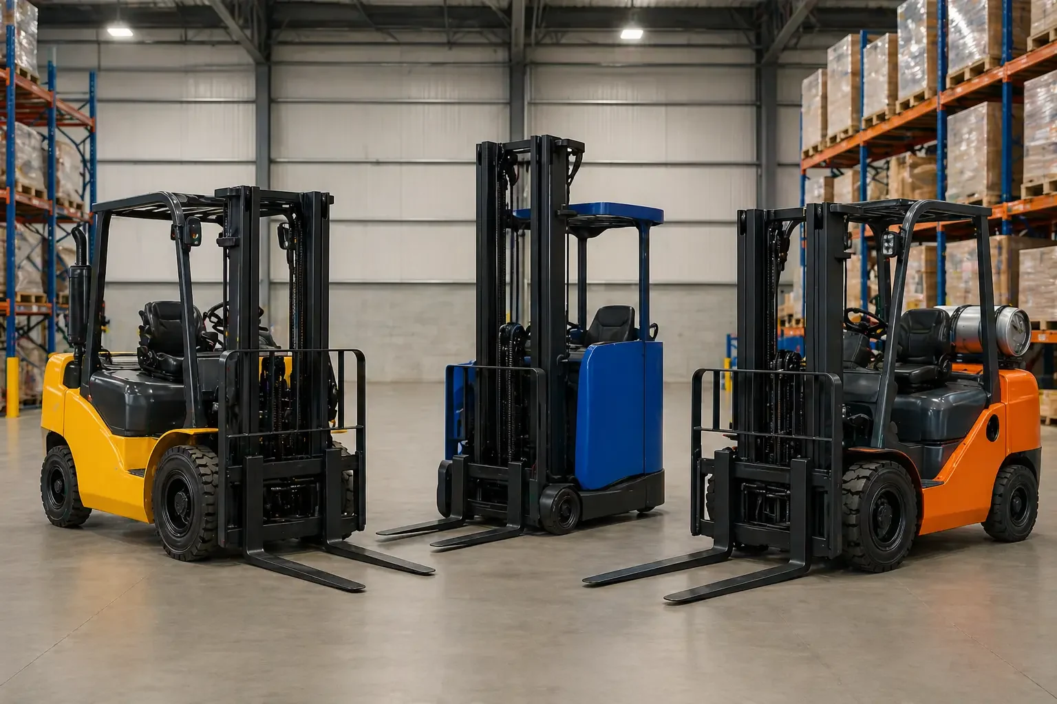 Forklift types in warehouse: diesel, electric reach truck, LPG counterbalance forklifts side by side