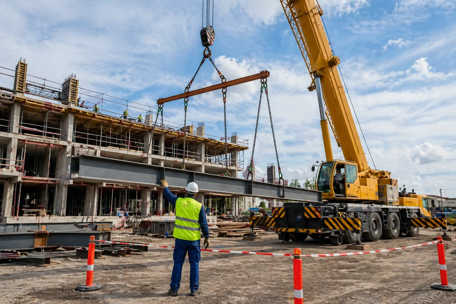 Mobile crane lifting steel beam with rigger and exclusion zone on construction site